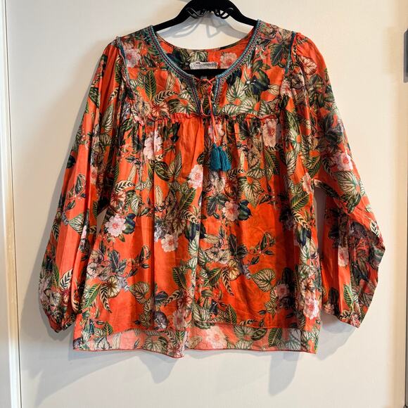 Johnny Was Workshop Top Orange Keyhole Neck Tasseled Floral Long Sleeve Sz S - Picture 1 of 5
